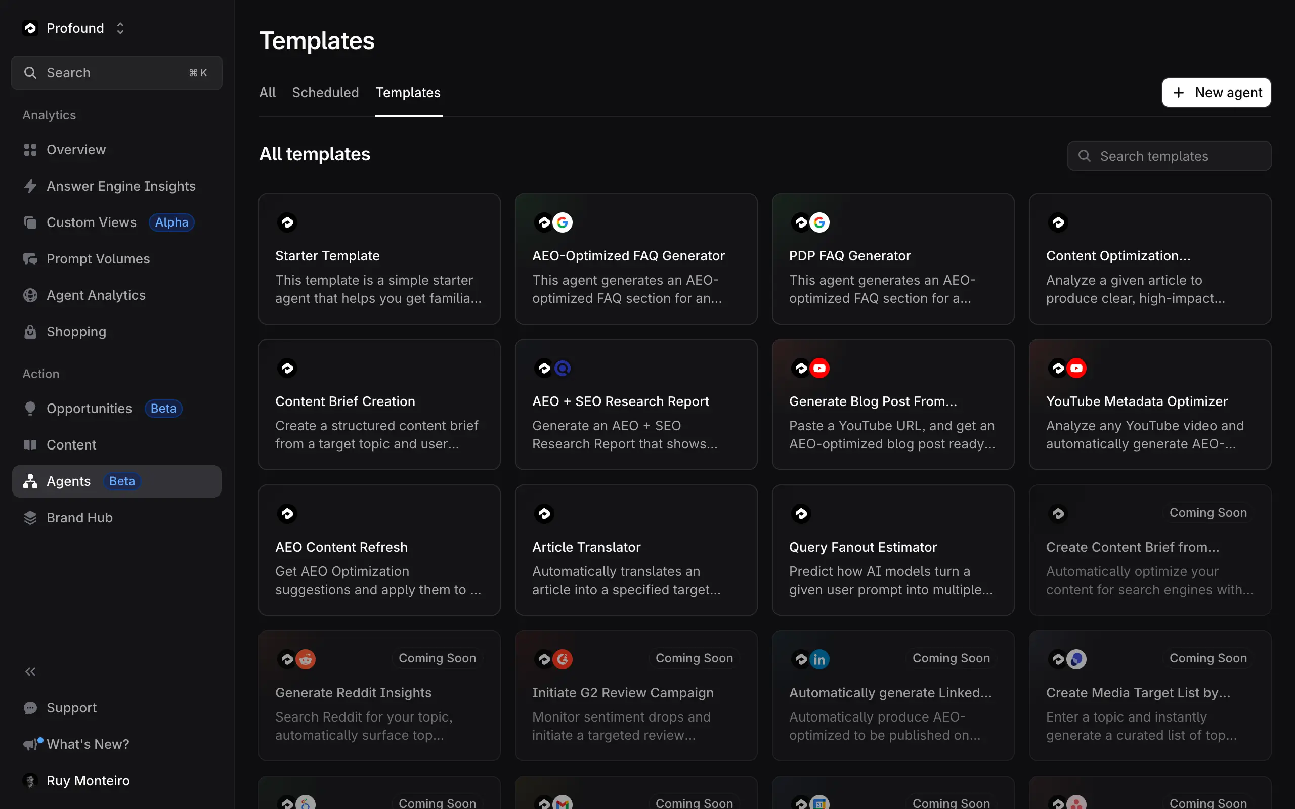 Profound's Agent template library with FAQ generation, content optimization, and research workflows