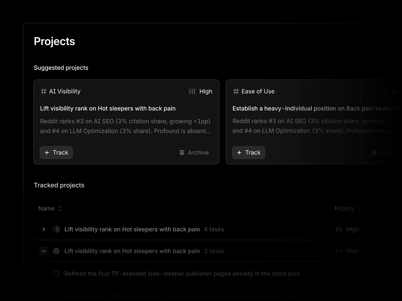 Aim surfaces suggested projects and tracked projects with prioritized tasks for your brand