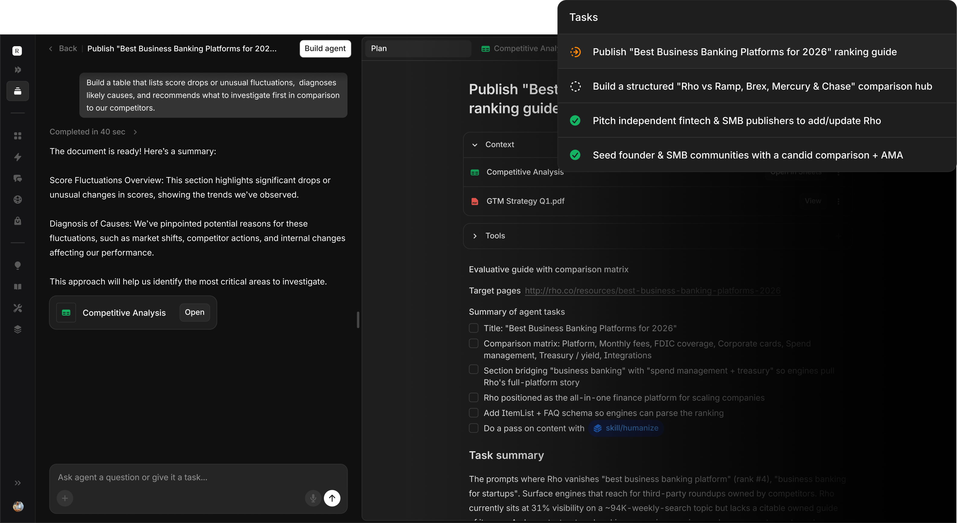 Aim execution brief with a task list and a data-backed plan