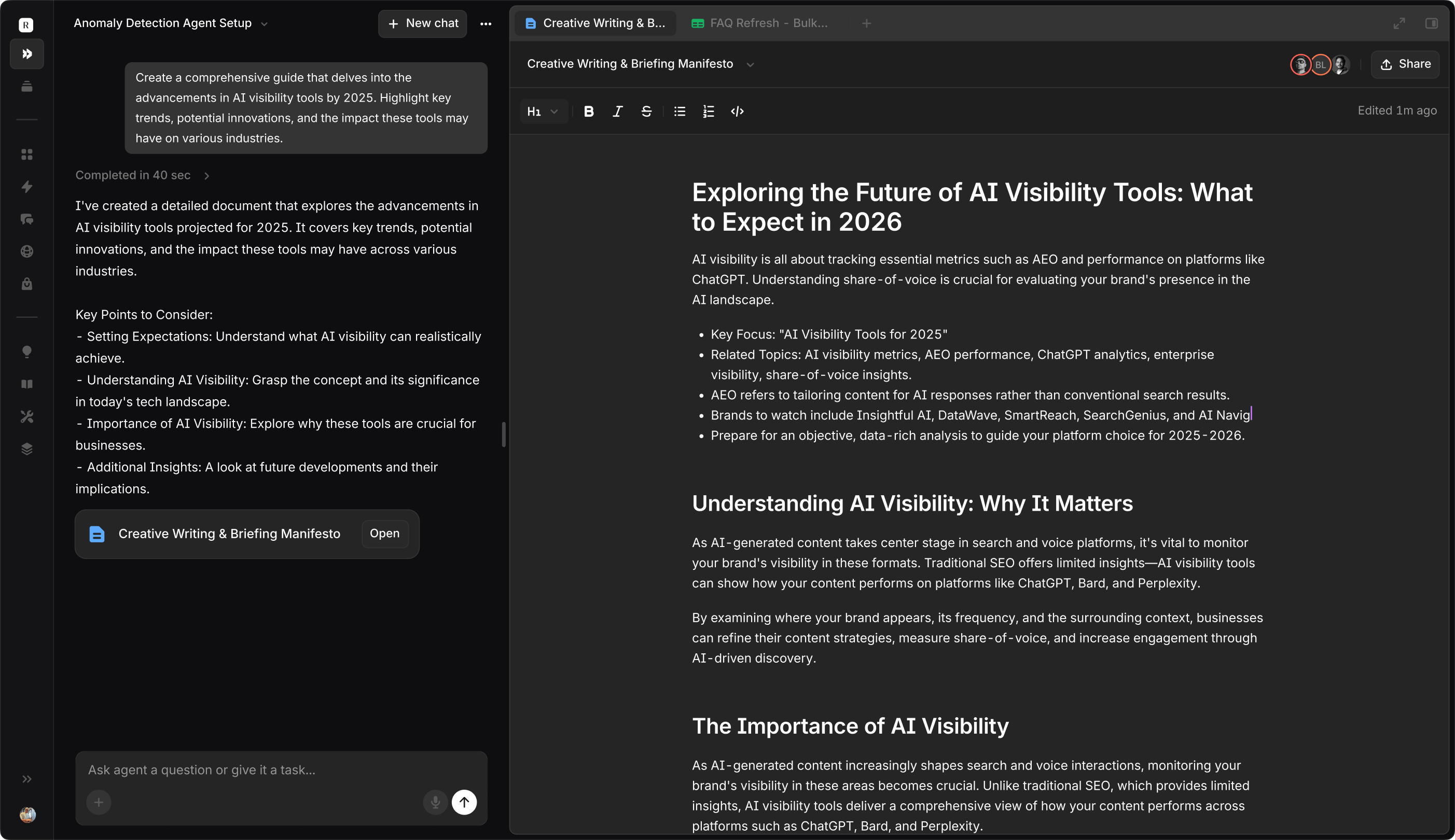 Aim document editor with an agent drafting content alongside a human editor