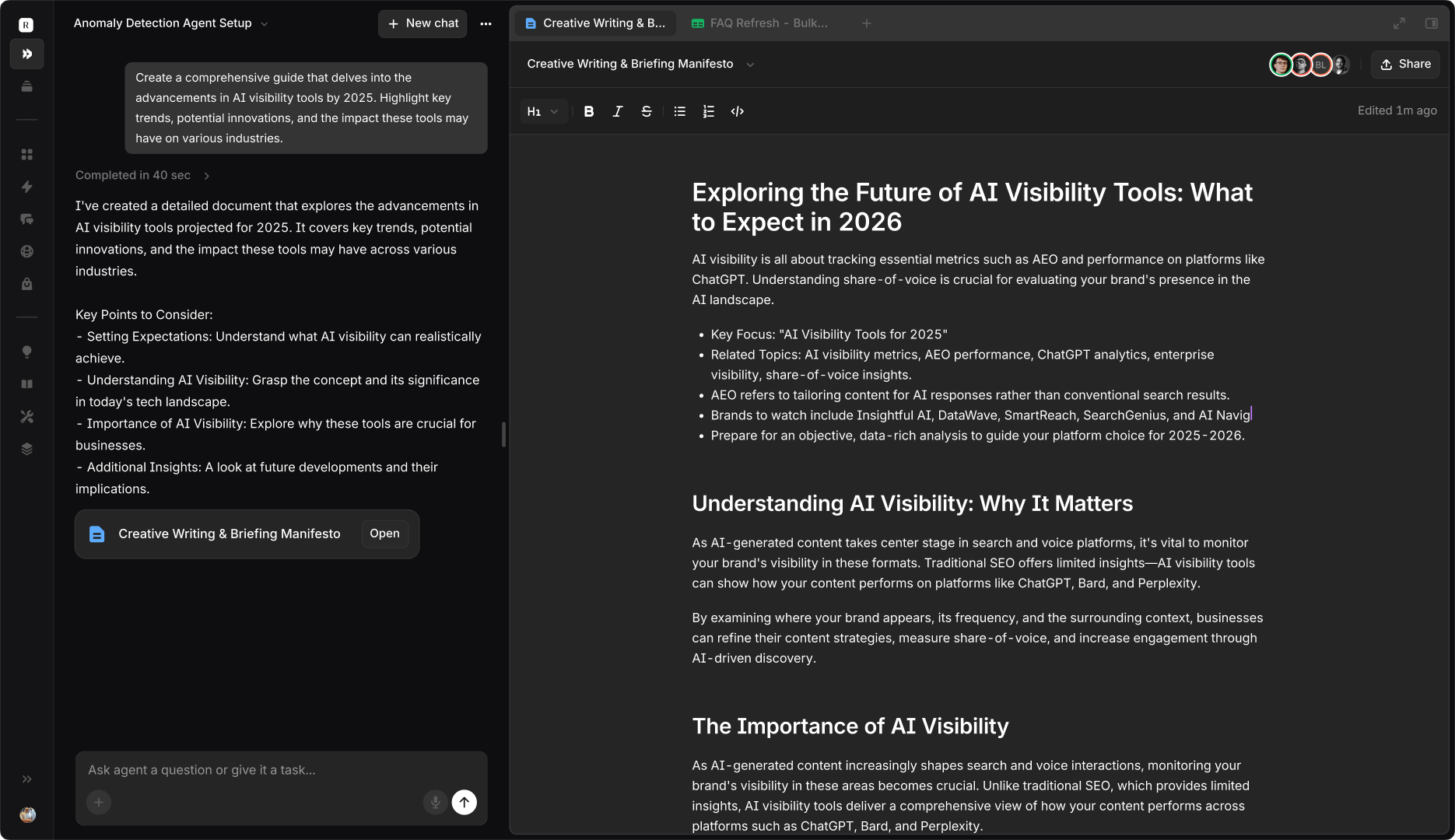 Aim document editor with an agent drafting content alongside a human editor