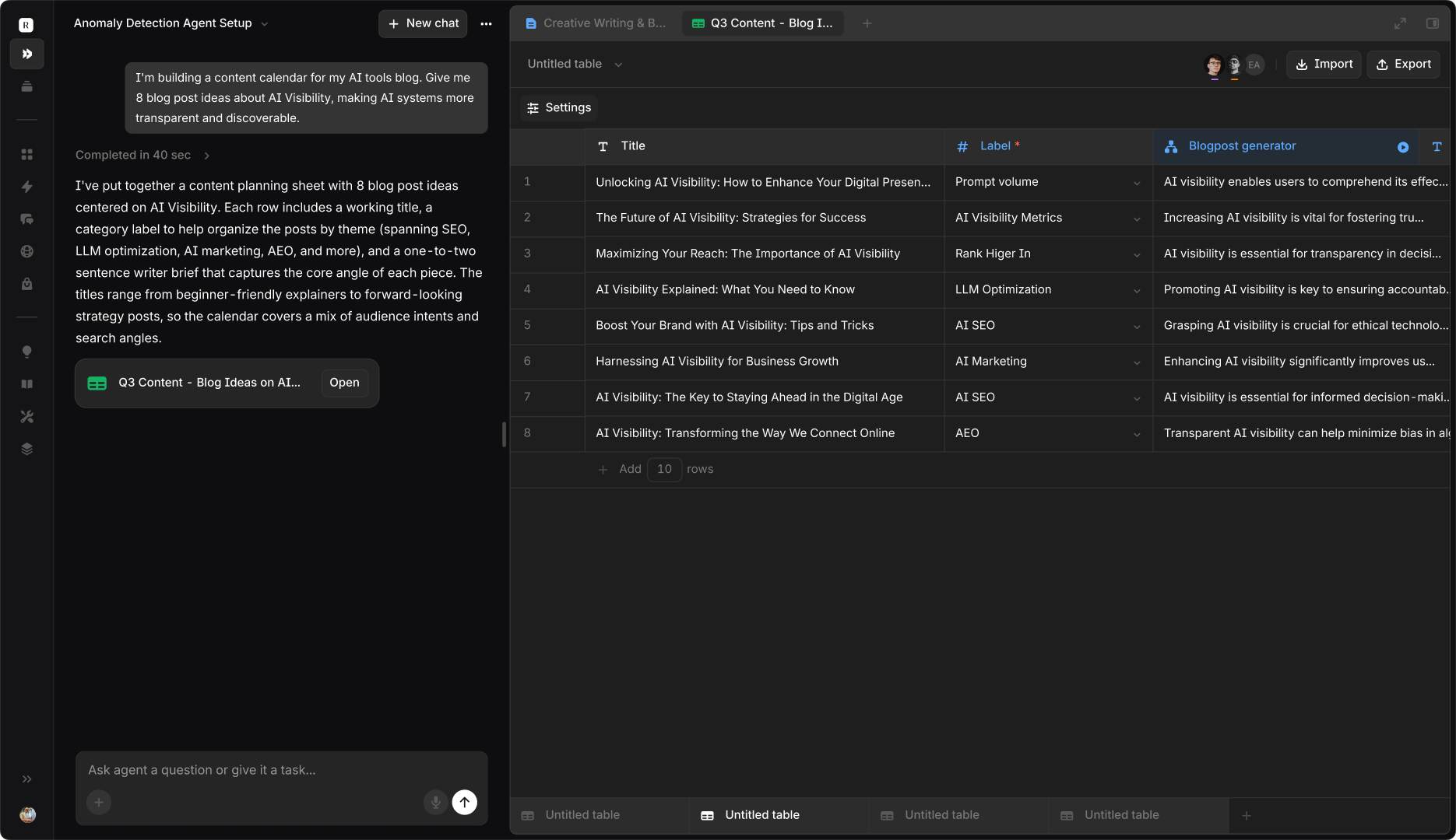 Aim sheets view running multiple agents across structured rows of data