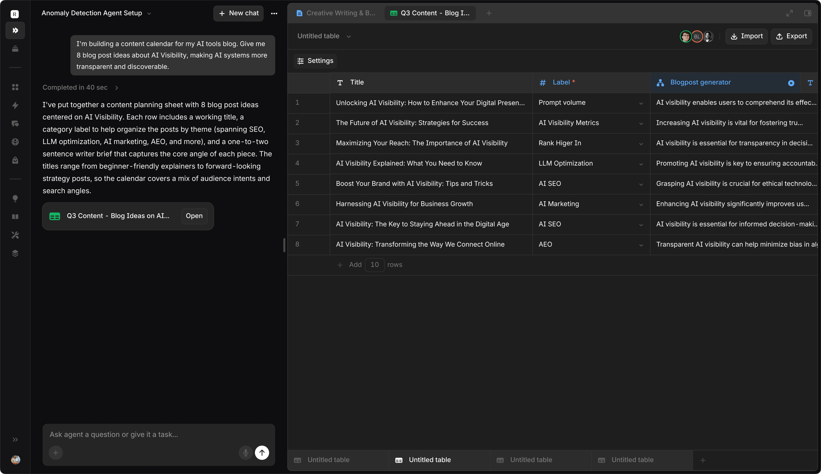 Aim sheets view running multiple agents across structured rows of data