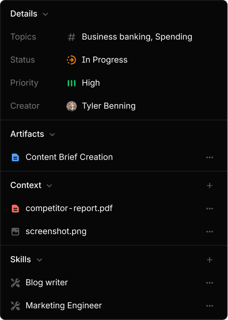Project details: topics, status, priority, artifacts, context, and skills