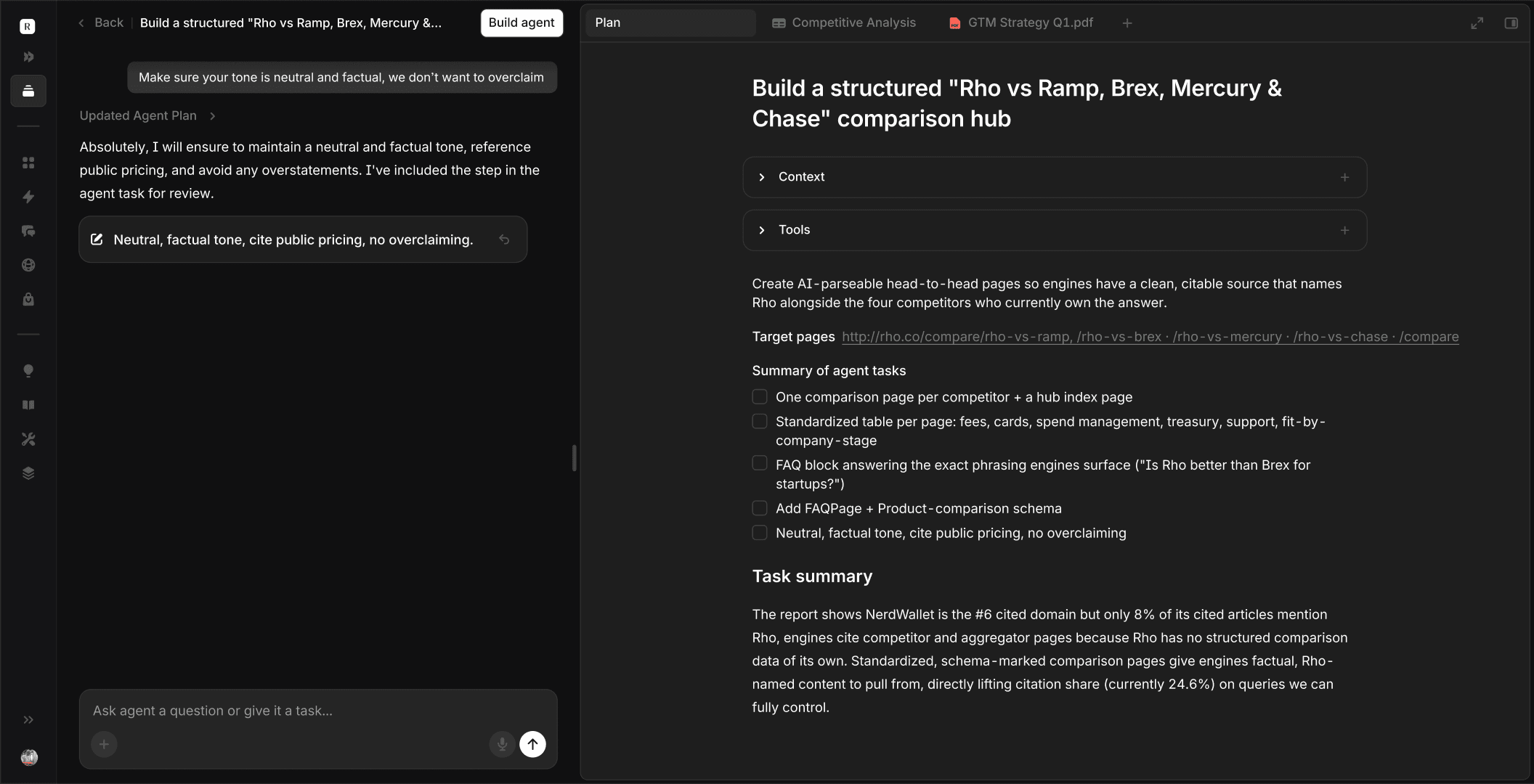 Aim agent building a structured competitor comparison hub