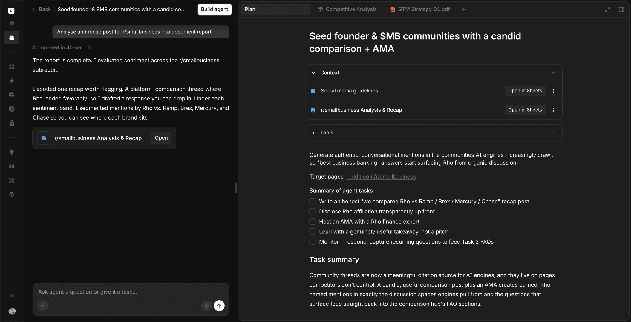 Aim agent seeding founder and SMB communities with a candid comparison