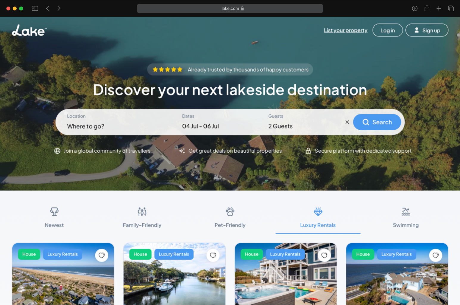 Lake.com homepage screenshot