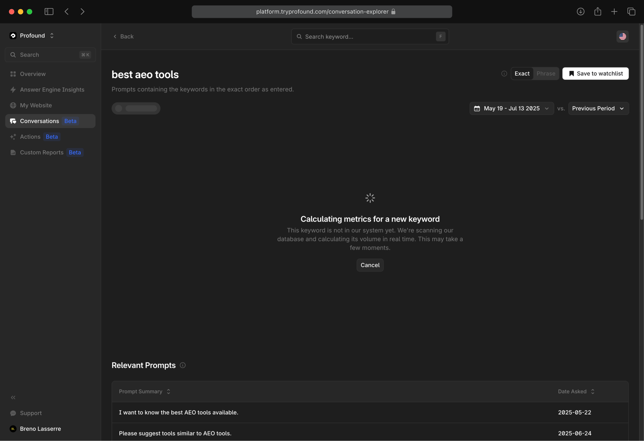 Conversation Explorer Keyword Volume Projection
