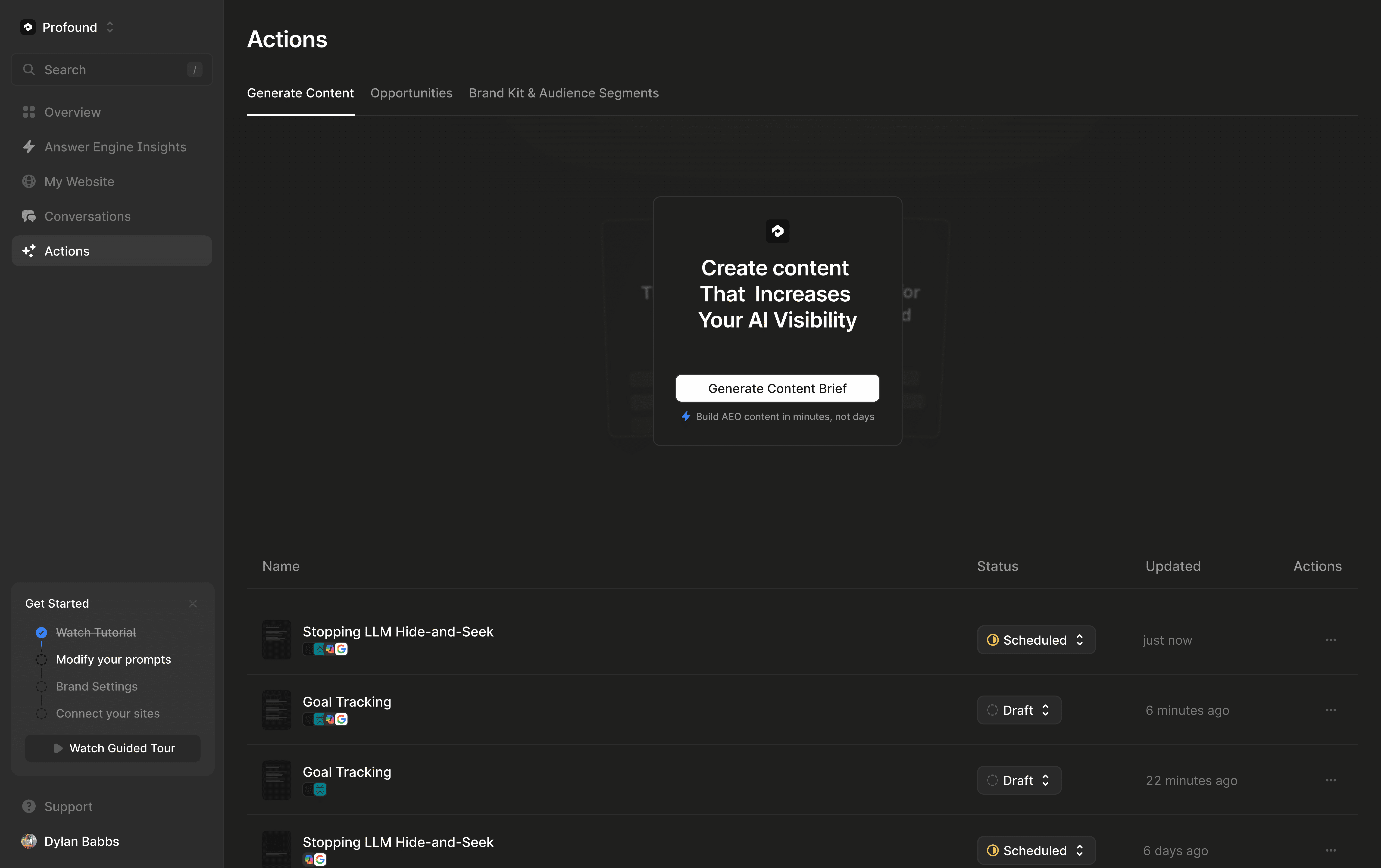 Actions Dashboard - Dark Theme